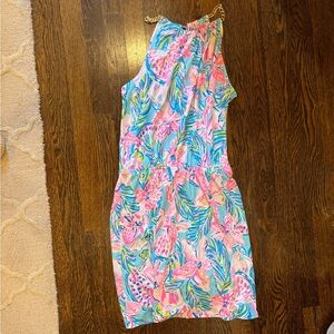 lily Pulitzer pink blue and green pattern romper